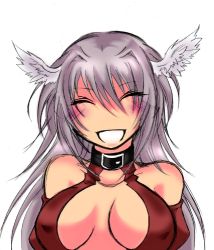 Rule 34 | 1girl, bare shoulders, blush, breasts, cleavage, closed eyes, covered erect nipples, elbow gloves, final fantasy, final fantasy tactics, gloves, hal (goshujinomocha), hal (haruna), head wings, long hair, lowres, silver hair, smile, solo, ultima (fft), wings