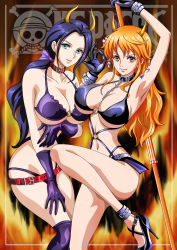 Rule 34 | 2girls, beast pirates uniform, black hair, breasts, brown eyes, cleavage, hanging breasts, highres, large breasts, leaning forward, long hair, multiple girls, nami (one piece), nico robin, nipples, one piece, open mouth, orange hair, rider (orange couture), smile, standing, tattoo