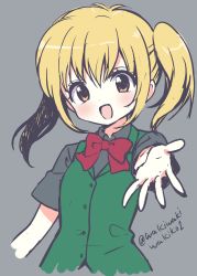 Rule 34 | 1girl, :d, absurdres, blush, bow, bowtie, breasts, brown eyes, commentary request, copyright request, cropped torso, eyebrows hidden by hair, green vest, grey background, grey shirt, hair between eyes, head tilt, highres, looking at viewer, neki (wakiko), open mouth, outstretched arm, red bow, red bowtie, school uniform, shirt, short sleeves, sidelocks, simple background, sketch, small breasts, smile, solo, twintails, twitter username, upper body, vest