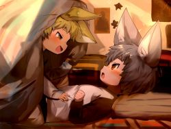 Rule 34 | 2boys, animal ears, bad id, bad pixiv id, bed, blanket, blonde hair, brown eyes, eye contact, fang, fox boy, fox ears, highres, looking at another, male focus, multiple boys, original, pillow, shirokujira, silver hair, smile, under covers