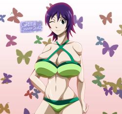 Rule 34 | 1girl, bikini, black eyes, breasts, cleavage, fairy tail, highres, huge breasts, kinana (fairy tail), looking at viewer, navel, one eye closed, purple hair, rtenzo, skindentation, smile, solo, standing, swimsuit