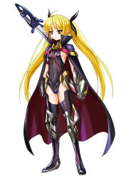 Rule 34 | alternate costume, alternate weapon, armor, bardiche (nanoha), blonde hair, cape, fate testarossa, flat chest, long hair, lyrical nanoha, mahou shoujo lyrical nanoha, mahou shoujo lyrical nanoha a&#039;s, makacoon, navel, red eyes, ribs, simple background, solo, thighhighs, twintails, weapon