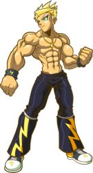 Rule 34 | 1boy, abs, aqua eyes, blonde hair, full body, jewelry, lighting bolt, lightning bolt symbol, lowres, male focus, muscular, necklace, pectorals, pectorals, topless male, solo, wristband