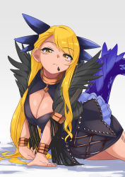 Rule 34 | 1girl, armlet, black dress, blonde hair, bracelet, breasts, brown eyes, cleavage, cleavage cutout, clothing cutout, dark-skinned female, dark skin, dragon girl, dragon horns, dragon tail, dress, facial mark, fate/grand order, fate (series), green ribbon, highres, horns, jewelry, large breasts, long hair, long sleeves, looking at viewer, neck ribbon, neck ring, ribbon, solo, swept bangs, tail, veil, vritra (fate), yuuichi (reductionblack)