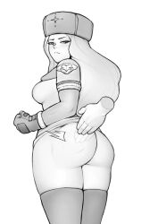 Rule 34 | 1girl, ^^^, ass, breasts, capcom, clenched hand, closed mouth, commission, cowboy shot, disembodied hand, from behind, fur hat, gloves, gluteal fold, hat, highres, kolin, large breasts, long hair, long sleeves, loodncrood, looking back, looking down, monochrome, motion blur, no panties, sideboob, skindentation, smile, spanked, spanking, street fighter, street fighter v, thighhighs, thighs