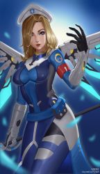 Rule 34 | 1girl, alternate hairstyle, armband, artist name, backlighting, beret, blonde hair, blue bodysuit, blue eyes, bodysuit, combat medic ziegler, cowboy shot, feathers, gloves, hat, highres, kokoala, lips, long sleeves, looking at viewer, looking to the side, mechanical wings, mercy (overwatch), official alternate costume, overwatch, overwatch 1, parted lips, short hair, solo, staff, white hat, wings