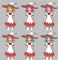 Rule 34 | 1girl, 4chan, blonde hair, blue hair, bracelet, collared dress, dress, green hair, hair bobbles, hair ornament, hat, jay (4chan), jewelry, neck ribbon, pink hair, puffy short sleeves, puffy sleeves, red eyes, red ribbon, ribbon, short sleeves, short twintails, thighhighs, twintails, white dress, white thighhighs, wizard hat
