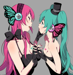 Rule 34 | 2girls, bad id, bad pixiv id, bow, butterfly hair ornament, eye contact, fingerless gloves, gloves, green hair, grey background, hair ornament, holding hands, hand on another&#039;s chin, hat, hatsune miku, head tilt, interlocked fingers, lips, long hair, looking at another, magnet (vocaloid), megurine luka, mini hat, mini top hat, multiple girls, nail polish, open mouth, pink hair, senjitsu musou, simple background, tattoo, top hat, twintails, vocaloid, yuri