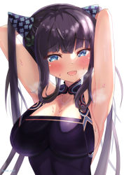 Rule 34 | 1girl, armpits, arms up, backlighting, black hair, blue eyes, blush, breasts, cleavage, collar, collared dress, dress, fate/grand order, fate (series), hair ornament, long hair, looking at viewer, noe (noe emk), open mouth, presenting armpit, signature, simple background, sleeveless, smile, steam, sweat, twintails, white background, yang guifei (fate), yang guifei (second ascension) (fate)