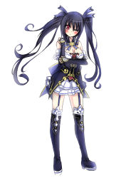 Rule 34 | 10s, 1girl, absurdres, black hair, blush, boots, breasts, cleavage, female focus, highres, knee boots, long hair, neptune (series), noire (neptunia), one eye closed, red eyes, ribbon, solo, standing, twintails, zero-theme