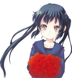 Rule 34 | 00s, 1girl, bad id, bad pixiv id, black hair, bouquet, brown eyes, flower, k-on!, long hair, looking at viewer, nakano azusa, red flower, red rose, rose, school uniform, serafuku, silv (pixiv), silverms2, simple background, smile, solo, twintails, upper body, white background