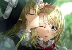 Rule 34 | 2girls, ;o, akane hazuki, alice margatroid, black headwear, blonde hair, blue eyes, blurry, blurry background, blush, closed eyes, closed mouth, commentary request, depth of field, hairband, hand on another&#039;s head, hat, imminent kiss, kirisame marisa, multiple girls, one eye closed, open mouth, profile, red hairband, red neckwear, short hair, touhou, upper body, witch hat, yuri