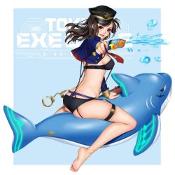 Rule 34 | 1girl, ass, bad id, bad twitter id, barefoot, bikini, black hair, breasts, brown eyes, butt crack, cuffs, detached sleeves, feet, garter straps, hair ornament, hairclip, handcuffs, hat, highres, holding, inflatable toy, jacket, long hair, looking at viewer, masami chie, official art, open mouth, original, sideboob, simple background, smile, soles, solo, suspenders, swimsuit, toes, tokyo exe girls, toy, water gun, whale tail (clothing)
