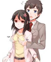 Rule 34 | 1boy, 1girl, ^^^, aged up, alternate eye color, anger vein, belt, black hair, blue eyes, grabbing another&#039;s breast, brown hair, commentary request, empty eyes, faubynet, grabbing, hair ribbon, hetero, highres, kimi no na wa., long hair, long sleeves, md5 mismatch, miyamizu mitsuha, open mouth, red eyes, red neckwear, red ribbon, resolution mismatch, ribbon, shaded face, source smaller, sweatdrop, tachibana taki