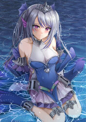 absurdres armpit_crease arms_behind_back bare_shoulders blue_dress blush breasts cleavage closed_mouth collarbone detached_sleeves dress duel_monster fins fish_girl gem grey_hair hair_ornament head_fins highres large_breasts lock long_hair looking_at_viewer misakura_aoi ocean pelvic_curtain purple_eyes sitting sleeves_past_wrists tearlaments_scheiren thighhighs thighs tiara two_side_up wariza white_thighhighs yu-gi-oh!