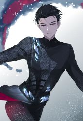 Rule 34 | 10s, 1boy, alternate costume, black hair, brown eyes, gradient background, hair slicked back, katsuki yuuri, male focus, orii (orii i), outstretched arms, parted lips, skin tight, smirk, solo, yuri!!! on ice