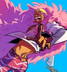 Rule 34 | 1boy, blonde hair, blue background, coat, donquixote doflamingo, farisaki, feather coat, from behind, highres, looking at viewer, looking back, male focus, muscular, muscular male, one piece, open clothes, open mouth, pink coat, pointing, pointing at viewer, shirt, short hair, sketch, sunglasses, teeth, tongue, tongue out, white shirt