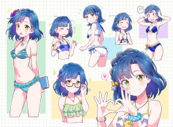 !? 1girl @_@ adjusting_eyewear arm_behind_back ass bikini blue_hair blush book breasts cleavage commentary_request flower frilled_bikini frills hair_flower hair_ornament heart heart_hands highres holding holding_book idolmaster idolmaster_million_live! idolmaster_million_live!_theater_days jewelry kyoutsuugengo looking_at_viewer medium_breasts nanao_yuriko navel necklace official_alternate_costume official_alternate_hairstyle plaid_bikini plaid_clothes sailor_bikini sailor_collar sailor_swimsuit_(idolmaster) semi-rimless_eyewear small_breasts smile spoken_heart swimsuit yellow_eyes