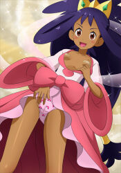 Rule 34 | 1girl, :d, bandaid, bandaids on nipples, blush, breasts, breasts out, brown eyes, cameltoe, commentary request, commission, creatures (company), crotch seam, dark-skinned female, dark skin, eyelashes, game freak, hair rings, hand up, highres, iris (pokemon), long hair, looking down, nintendo, no bra, open mouth, panties, pasties, pink panties, pink skirt, pixiv commission, pokemon, pokemon bw2, purple hair, shirt, skirt, small breasts, smile, solo, sparkle, tiara, tooo, underwear, white shirt, wide sleeves