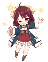 1girl :d ;d ahoge atelier_(series) atelier_sophie blue_coat brown_eyes chibi coat commentary_request corset frilled_skirt frills full_body hand_up head_scarf highres jewelry kinakonato long_coat long_sleeves looking_at_viewer necklace one_eye_closed open_mouth outstretched_arm red_hair red_skirt shoes short_hair skirt smile solo sophie_neuenmuller standing star_(symbol) starry_background white_background