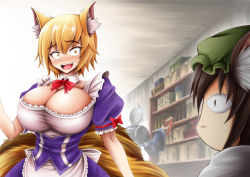 Rule 34 | 1boy, 2girls, :3, ahoge, alternate costume, animal ear fluff, animal ears, animal hat, apron, blouse, bow, bowtie, breasts, brown hair, cat ears, chen, constricted pupils, detached collar, facing away, fang, fox ears, fox tail, furrowed brow, grey hair, hair between eyes, hat, hidefu kitayan, huge breasts, impossible clothes, looking at another, morichika rinnosuke, multiple girls, multiple tails, nervous, nervous smile, open mouth, shirt, short hair, short sleeves, skirt, slit pupils, smile, sweat, nervous sweating, tail, touhou, yakumo ran