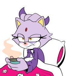 Rule 34 | 1girl, absurdres, animal ears, blanket, blaze the cat, cat ears, cat girl, cup, forehead jewel, furry, furry female, highres, holding, holding cup, novika, pillow, purple fur, purple shirt, runny nose, shirt, sick, simple background, sleepwear, snot, sonic (series), teacup, white background, yellow eyes