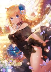 Rule 34 | 1girl, apple caramel, black dress, blonde hair, blue eyes, blurry, bouquet, braid, breasts, choker, cleavage, depth of field, dress, dutch angle, fate/grand order, fate (series), flower, hair between eyes, hair flower, hair ornament, highres, indoors, jeanne d&#039;arc (fate), jeanne d&#039;arc (formal dress) (fate), jeanne d&#039;arc (ruler) (fate), jewelry, large breasts, long hair, looking at viewer, necklace, petals, pixiv fate/grand order contest 2, side slit, sideboob, single braid, smile, solo, sparkle, very long hair