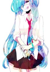 Rule 34 | 1girl, aqua hair, bad id, bad pixiv id, blood, hair over one eye, hatsune miku, head tilt, loalo, long hair, mask, mouth mask, necktie, simple background, skirt, solo, surgical mask, twintails, very long hair, vocaloid, white-lily-0810