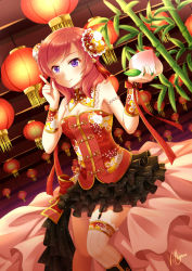 Rule 34 | 10s, 1girl, artist name, bamboo, breasts, bun cover, chinese clothes, chinese new year, cleavage, double bun, dutch angle, food, frilled skirt, frills, fruit, garter straps, lampion, lantern, looking at viewer, love live!, love live! school idol festival, love live! school idol project, medium breasts, nishikino maki, paper lantern, peach, purple eyes, red hair, signature, skirt, smile, solo, villyane