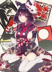 Rule 34 | 1girl, :3, animal ear fluff, animal ears, azur lane, black hair, breasts, cat ears, cat mask, commentary request, imomushi (iimomushii), japanese clothes, large breasts, looking at viewer, mask, red eyes, short hair, sideboob, sitting, smile, solo, thick eyebrows, thighhighs, wariza, white thighhighs, yamashiro (azur lane)