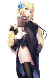 Rule 34 | 1girl, bare shoulders, black bow, black dress, black thighhighs, blonde hair, blue eyes, blue flower, blush, bow, braid, breasts, closed mouth, commentary request, dress, fate/grand order, fate (series), flower, hair between eyes, hair bow, hair flower, hair ornament, heroic spirit formal dress, highres, jeanne d&#039;arc (fate), jeanne d&#039;arc (formal dress) (fate), jeanne d&#039;arc (ruler) (fate), long hair, medium breasts, ririko (zhuoyandesailaer), see-through, side slit, simple background, smile, solo, thighhighs, very long hair, white background, white flower