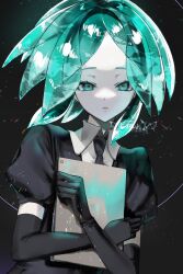 Rule 34 | 1other, androgynous, aqua eyes, aqua hair, black background, colored eyelashes, colored skin, crystal hair, elbow gloves, gem uniform (houseki no kuni), gloves, highres, holding, houseki no kuni, looking at viewer, necktie, object request, other focus, phosphophyllite, piz doll, puffy short sleeves, puffy sleeves, short hair, short sleeves, solo, watermark, white skin