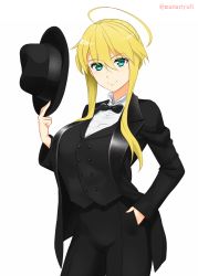Rule 34 | 1girl, ahoge, artist name, artoria pendragon (fate), artoria pendragon (lancer) (fate), black hat, black jacket, black pants, black vest, braid, breasts, buttons, closed mouth, fate/grand order, fate (series), fedora, formal, french braid, green eyes, hair between eyes, hat, highres, jacket, large breasts, long hair, long sleeves, looking at viewer, mattari yufi, open clothes, open jacket, pants, sidelocks, simple background, smile, solo, suit, unworn hat, unworn headwear, vest, white background