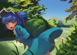 Rule 34 | 1girl, :d, backpack, bag, blue eyes, blue hair, blue shirt, blue skirt, collared shirt, commentary request, cowboy shot, flat cap, fujimi nao, grass, green hat, hair bobbles, hair ornament, hat, highres, jewelry, kawashiro nitori, key, key necklace, long sleeves, looking at viewer, medium hair, necklace, open mouth, shirt, skirt, skirt set, smile, solo, touhou, tree, two side up