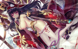 Rule 34 | 1girl, animal ear fluff, animal ears, bad id, bad pixiv id, black hair, blush, breasts, cherry blossoms, collar, detached sleeves, dk.senie, dutch angle, from side, headdress, highres, kneeling, large breasts, long hair, looking at viewer, nipples, nude, original, profile, pussy juice, red eyes, shoes, unworn shoes, solo, tail, thighhighs, white thighhighs, wide sleeves