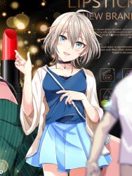 Rule 34 | 1girl, ahoge, anastasia (idolmaster), bag, black choker, blue bag, blue eyes, blue shirt, blue skirt, blurry, blurry foreground, blush, breasts, cardigan, choker, cleavage, collarbone, commentary request, dangle earrings, depth of field, earrings, english text, eyelashes, grey hair, hair between eyes, hand up, highres, holding strap, idolmaster, idolmaster cinderella girls, jewelry, latin text, lipstick, looking at viewer, makeup, medium breasts, messy hair, open cardigan, open clothes, open mouth, outdoors, popon ta, shirt, short hair, shoulder bag, skirt, smile, text background, wide sleeves