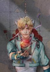 Rule 34 | 1boy, battle tendency, blonde hair, blood, blood on clothes, blood on face, bubble, caesar anthonio zeppeli, dated, facial mark, feather hair ornament, feathers, fingerless gloves, gloves, green eyes, green jacket, hair ornament, headband, homil22, hydrokinesis, jacket, jojo no kimyou na bouken, lying, male focus, on back, pool of blood, smile, solo, tears, water