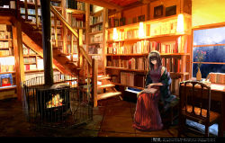 Rule 34 | 10s, 1girl, black hair, blue eyes, book, chair, chef no kimagure salad, commentary request, fireplace, hairband, highres, holding, holding book, idolmaster, idolmaster cinderella girls, indoors, long hair, sagisawa fumika, scenery, shawl, solo, stairs, sweater, translation request, window