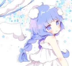 Rule 34 | 1girl, bad id, bad pixiv id, bare shoulders, blue eyes, blue hair, blue ribbon, blush, braid, closed mouth, commentary request, detached wings, dress, head tilt, long hair, looking at viewer, looking to the side, low twintails, original, ribbon, smile, solo, thick eyebrows, tsukiyo (skymint), twin braids, twintails, upper body, white dress, white wings, wings