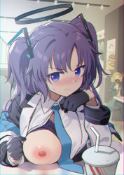 Rule 34 | 1girl, andou shuki, black gloves, blue archive, blue eyes, blue necktie, blush, bra, breasts, chromatic aberration, coat, cup, drinking straw, duplicate, exhibitionism, flashing, gloves, hair ornament, halo, highres, jacket, large breasts, long hair, looking at viewer, necktie, nipples, nude, off shoulder, one breast out, oppai challenge, parted bangs, pixel-perfect duplicate, pov across table, public indecency, purple bra, purple hair, shirt, solo focus, twintails, two side up, underwear, v-shaped eyebrows, white jacket, white shirt, yuuka (blue archive)