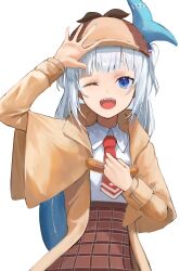 Rule 34 | 1girl, ;d, absurdres, blue eyes, blue hair, blunt bangs, brown coat, brown skirt, coat, collared shirt, commentary, cosplay, cowboy shot, deerstalker, fins, fish tail, gawr gura, grey hair, hand up, hat, high-waist skirt, highres, hololive, hololive english, kaze 22, korean commentary, long hair, looking at viewer, multicolored hair, necktie, one eye closed, open mouth, plaid, plaid skirt, red necktie, shark tail, sharp teeth, shirt, short necktie, simple background, skirt, slit pupils, smile, solo, streaked hair, tail, teeth, two side up, upper teeth only, virtual youtuber, watson amelia, watson amelia (1st costume), watson amelia (cosplay), waving, white background, white shirt