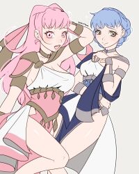 Rule 34 | 2girls, :d, alternate costume, armlet, blue hair, breasts, choker, cleavage, commentary, dancer (fire emblem: three houses), dress, feet out of frame, female focus, fire emblem, fire emblem: three houses, flat color, grey background, grey eyes, highres, hilda valentine goneril, long hair, looking at viewer, marianne von edmund, matching hair/eyes, medium breasts, multiple girls, nintendo, open mouth, pink eyes, pink hair, short hair, simple background, single-shoulder dress, smile, smkittykat, thighs, very long hair, white dress