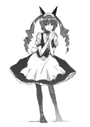 Rule 34 | 1girl, 5pb., akiha rumiho, animal ears, bad id, bad pixiv id, blush, cat ears, drill hair, faris nyannyan, greyscale, long hair, looking at viewer, maid headdress, monochrome, nitroplus, own hands clasped, own hands together, pantyhose, puyo (puyotopia), science adventure, simple background, smile, solo, steins;gate, twin drills, waitress
