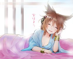 Rule 34 | 1girl, alternate costume, bed, blanket, breasts, brown hair, head rest, cleavage, earmuffs, closed eyes, jewelry, lying, makuwauri, on stomach, open mouth, short hair, smile, solo, touhou, toyosatomimi no miko