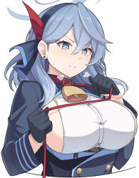 Rule 34 | 1girl, ako (blue archive), bell, black gloves, blue archive, blue eyes, blue hair, blue jacket, breasts, clothing cutout, collar, gloves, jacket, large breasts, long sleeves, medium hair, neck bell, puffy long sleeves, puffy sleeves, shirt, shiseki hirame, sideboob, sleeveless, sleeveless shirt, solo, sweat, upper body, white background
