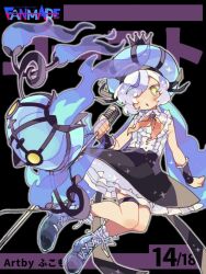 Rule 34 | 1girl, :o, alternate costume, artist name, black background, black skirt, blue footwear, blue hair, blue headwear, blush, boots, center frills, chandelure, collared shirt, creatures (company), cross-laced footwear, crown, frills, fukomo, game freak, gen 5 pokemon, gradient footwear, grey hair, hair over one eye, hat, highres, holding, holding microphone stand, looking at viewer, microphone stand, multicolored hair, neckerchief, nintendo, orange neckerchief, otomachi una, petticoat, pokemon, pokemon (creature), project voltage, purple brooch, purple hair, shirt, shirt tucked in, skirt, sleeveless, sleeveless shirt, sparkle, text background, thighlet, vocaloid, yellow eyes
