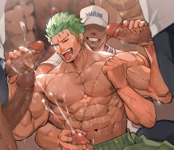 Rule 34 | 6+boys, abs, bara, biceps, bulge, censored, cum, double handjob, earrings, faceless, faceless male, facial, facial hair, green hair, group sex, handjob, highres, jewelry, large pectorals, male focus, marine uniform (one piece), mature male, mosaic censoring, multiple boys, muscular, muscular male, navel, nikism, nipples, one eye closed, one piece, pectorals, projectile cum, reach-around, roronoa zoro, scar, scar across eye, scar on chest, short hair, sideburns, sideburns stubble, solo focus, stitches, stomach, stubble, sweat, tongue, tongue out, topless male, veins, veiny arms, very sweaty, yaoi