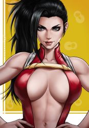 Rule 34 | 10s, 1girl, aged up, bare shoulders, black eyes, black hair, boku no hero academia, breasts, breasts apart, cleavage, commentary, dandon fuga, english commentary, facing viewer, grey eyes, halterneck, hands on own hips, large breasts, leotard, linea alba, lips, long hair, looking at viewer, navel, nipples, outside border, ponytail, red lips, shiny skin, side ponytail, solo, stomach, toned, v-shaped eyebrows, yaoyorozu momo, yellow background
