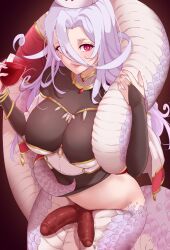 Rule 34 | 1futa, alcohol, blush, breasts, bridal gauntlets, cup, drinking glass, extra penises, futanari, hair between eyes, hat, highres, holding, holding cup, lamia, large breasts, light purple hair, long hair, looking at viewer, monster girl, monster musume no oisha-san, nurse cap, parted lips, penis, red eyes, saphentite neikes, scales, slit pupils, solo, tail, todding, uncensored, wine, wine glass