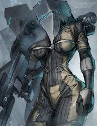 Rule 34 | 3girls, armor, bodysuit, breasts, commentary, corpus crewman (warframe), covered erect nipples, cowboy shot, english commentary, gloves, gun, helmet, highres, holding, holding gun, holding weapon, juerucj, large breasts, multiple girls, rifle, science fiction, skindentation, warframe, weapon